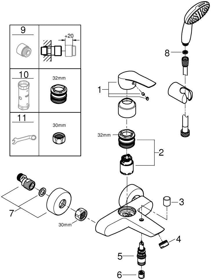 GROHE Eurosmart Einhand-Wannenbatterie mit Brausegarnitur – Wandmontage, chrom