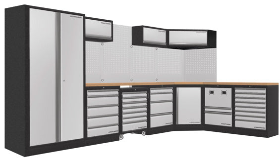 KRAFTWERK MOBILIO 7er Kombi 3964P – Werkstattsystem mit Multiplex-Arbeitsplatten, Eckschrank, Werkstattwagen & Hochschrank - KW-3964P