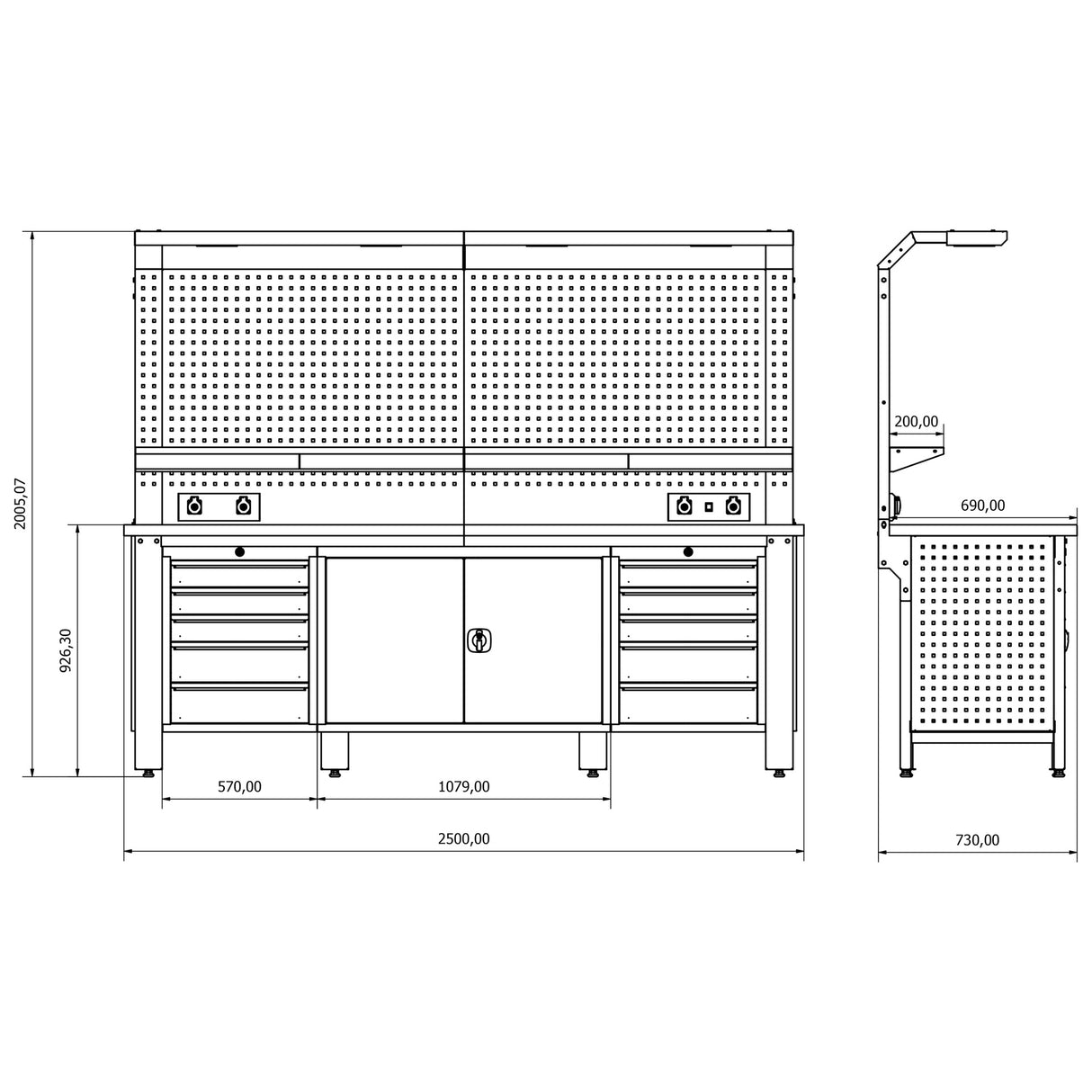 TOOLBOX4YOU Bullram 250cm Profi Werkbank mit Schubladen und Rückwand - 2500x730x2050mm – WBG02