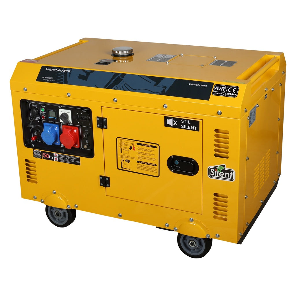 A yellow portable generator with a "Silent" label, featuring four wheels, multiple power outlets, and a control panel with gauges and switches, designed for quiet operation and labeled with "UltraPower" and "AVR CE" certifications.