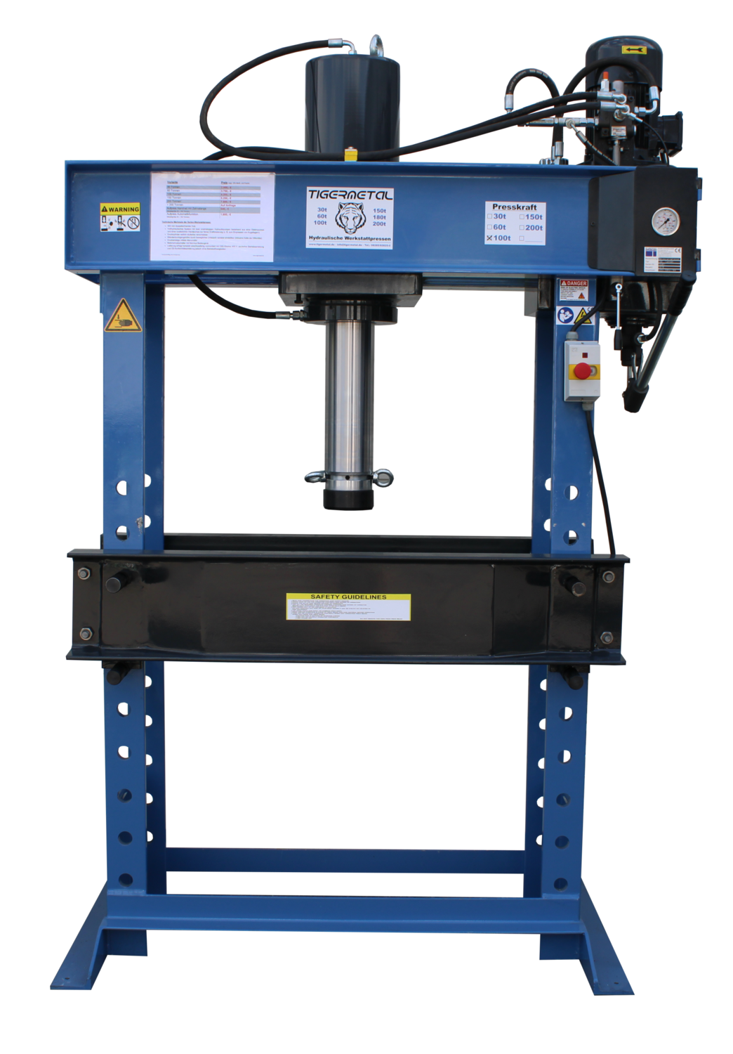 Tigermetal Hydraulische Werkstattpresse 150 Tonnen mit Dualpumpe und 1.200 mm Durchgang - TMWH150