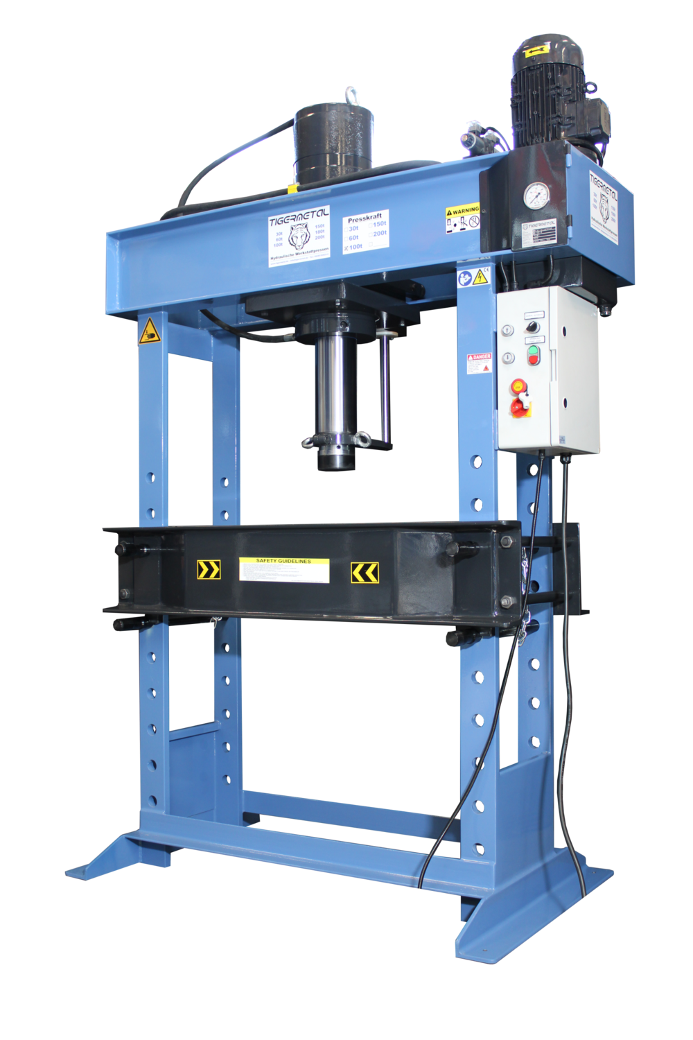 Heavy-duty hydraulic workshop press with electric motor and control panel – professional industrial press machine for garages and workshops available at toprools.com