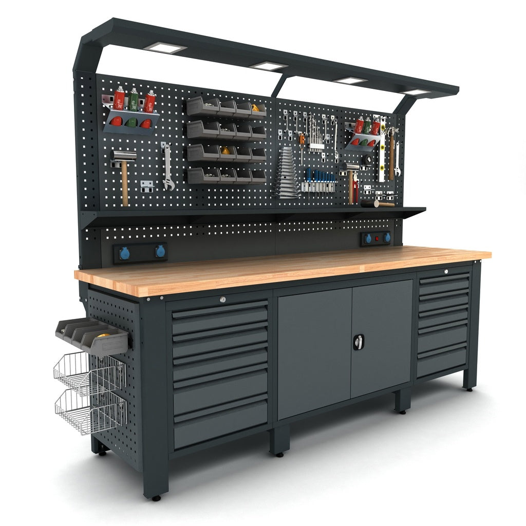 TOOLBOX4YOU Bullram 250cm Profi Werkbank mit Schubladen und Rückwand - 2500x730x2050mm – WBG02