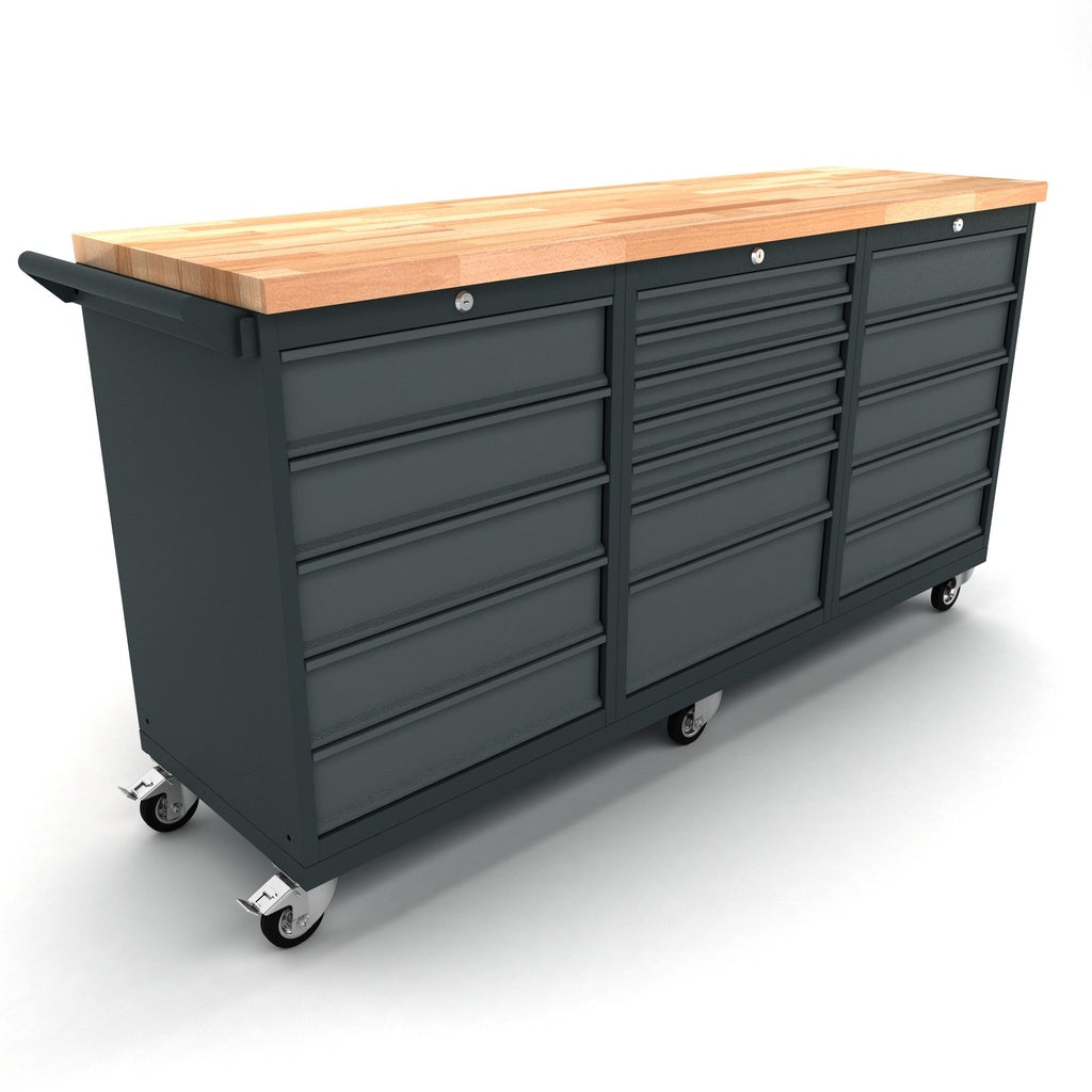 TOOLBOX4YOU Bullram 186cm Mobile Profi Werkbank fahrbar 2x 5, 1x 7 Schubladenschrank, auf Rollen – WBG186M22