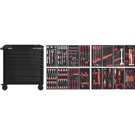 toprools.com black tool trolley with drawers and complete tool set including wrenches, screwdrivers, pliers, sockets, and hand tools.