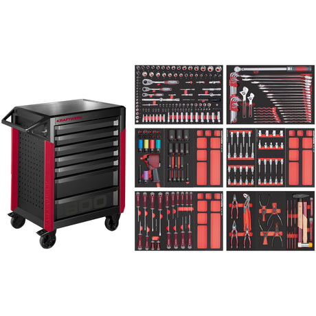 A red and black tool trolley with seven drawers, an integrated handle, and four casters, shown next to six foam tool inserts filled with a comprehensive set of sockets, wrenches, pliers, and screwdrivers. This type of professional tool set is available on toprools.com