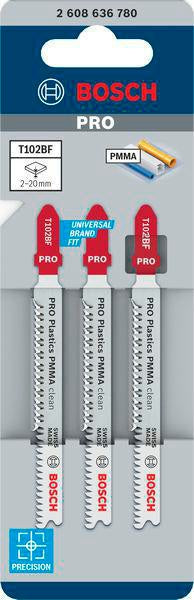 Bosch Stichsägeblatt T 102 BF Clean for PMMA, L.92mm, Zahnteilung 1,8mm, BIM, 3er-Pack