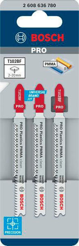 Bosch Stichsägeblatt T 102 BF Clean for PMMA, L.92mm, Zahnteilung 1,8mm, BIM, 3er-Pack