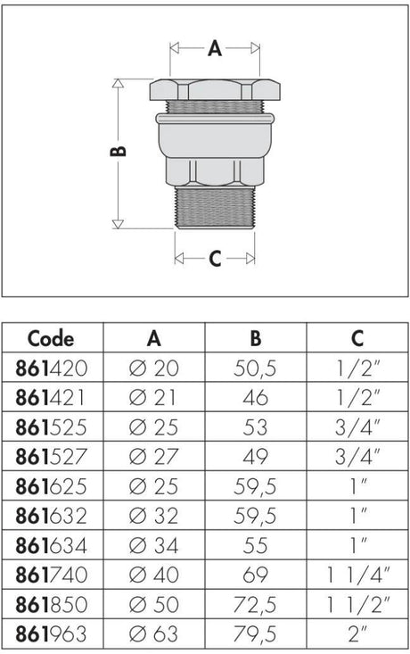 CALEFFI Anschlussverschraubung AG 20 mm x 1/2" AG für PE-Kunststoffrohr, Messing, Serie 861