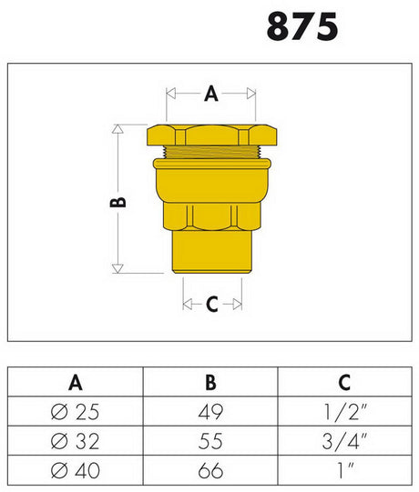CALEFFI Anschlussverschraubung IG reduziert 32 mm x 3/4" IG für PE-Kunststoffrohr, Messing, Serie 875
