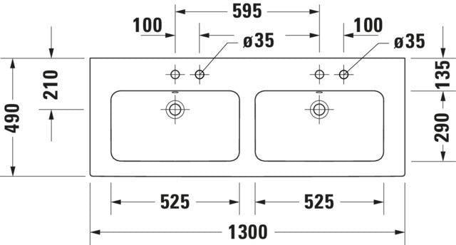 DURAVIT ME by Starck Doppel-Waschtisch 1300 mm, mit Überlauf, je 1 Hahnloch, weiß seidenmatt