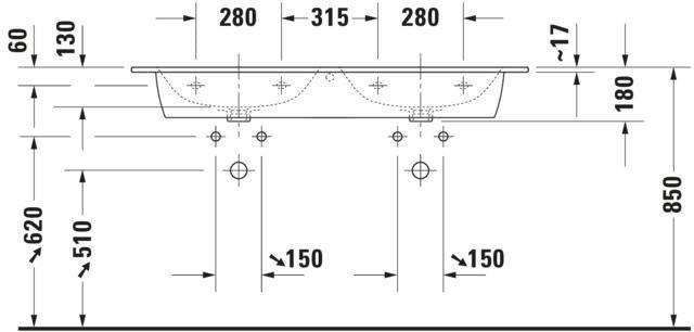 DURAVIT ME by Starck Doppel-Waschtisch 1300 mm, mit Überlauf, je 1 Hahnloch, weiß seidenmatt
