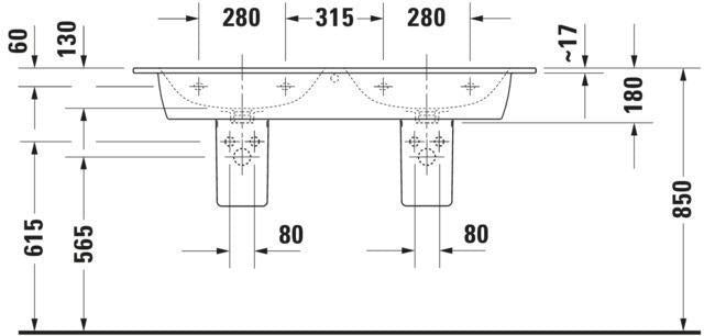 DURAVIT ME by Starck Doppel-Waschtisch 1300 mm, mit Überlauf, je 1 Hahnloch, weiß seidenmatt