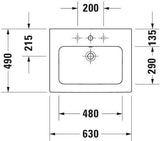Duravit ME by Starck Möbelwaschtisch 630 mm, weiss seidenmatt, mit Überlauf, 1 Hahnloch