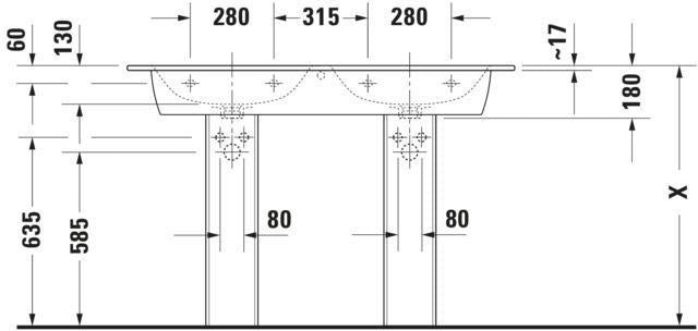 Duravit ME by Starck Doppelwaschtisch 1300 mm, weiß hochglanz, 2 Waschplätze, 3 Hahnlöcher