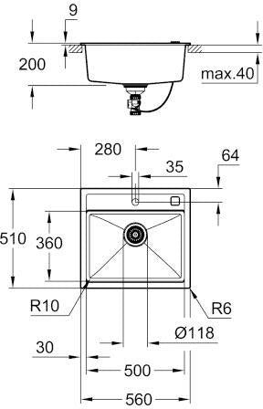 GROHE K700 Kompositspüle 1 Becken 560x510mm granit schwarz – Quartzkomposit mit FastFixation