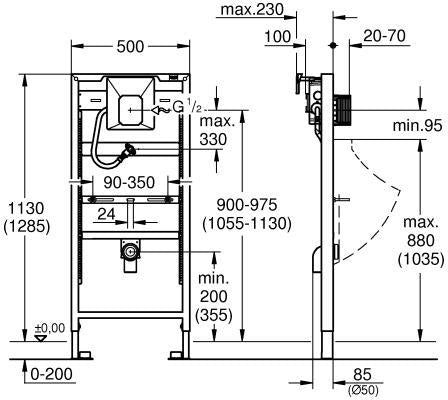 GROHE Rapid SL Urinal-Vorwandelement mit Infrarot-Elektronik & Wandwinkeln – 1,13 m
