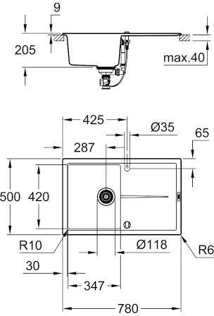 GROHE K400 Kompositspüle 1 Becken 780x500mm mit Abtropffläche granit schwarz