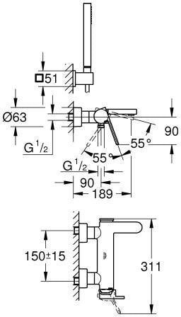 GROHE Plus Einhand-Wannenbatterie Wandmontage mit Brausegarnitur chrom – 33547_3
