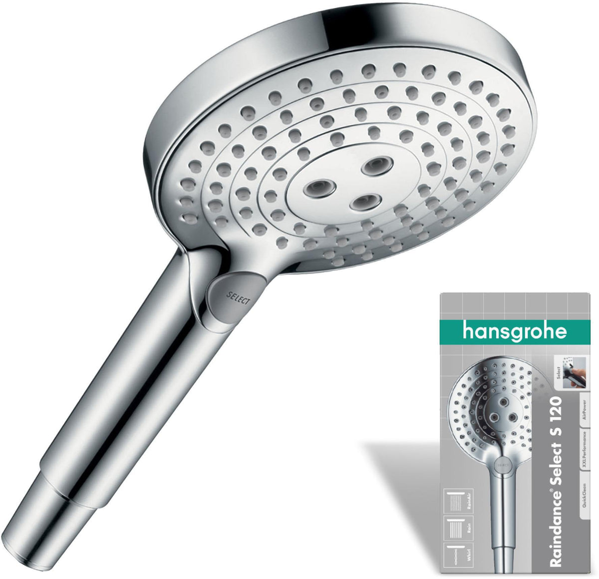 Hansgrohe Raindance Select S 120 3jet Handbrause mit Select-Taste und QuickClean in Chrom