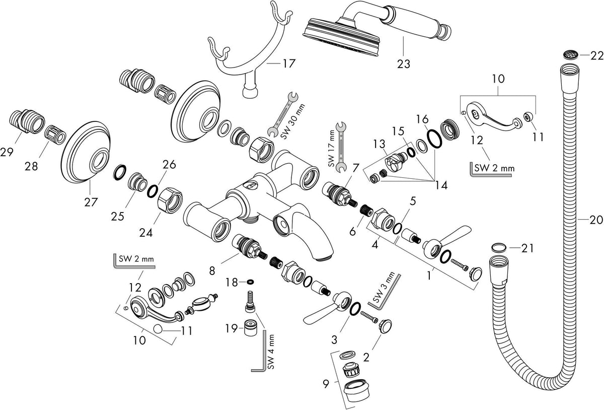 AXOR MONTREUX 2-Griff-Wannenarmatur DN 15, Aufputz, Hebelgriffe, Handbrause, Chrom