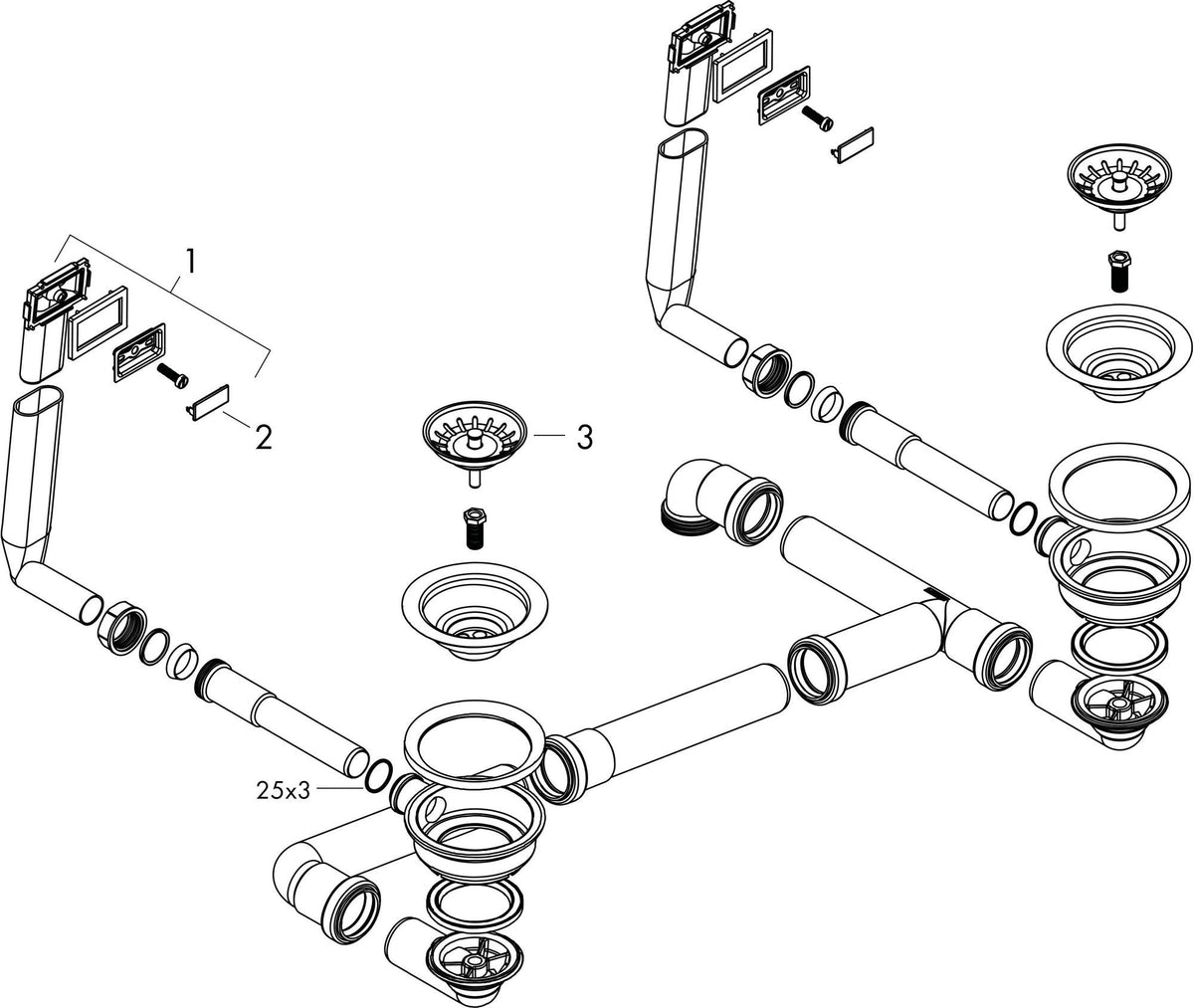 Hansgrohe Manuelle Ab- und Überlaufgarnitur Edelstahl 370 x 370 D15-10 BSO für Doppelbecken