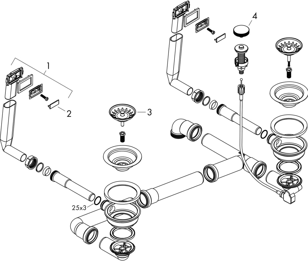 HANSGROHE Ab- und Überlaufgarnitur BSO mit Excenterbedienung 370 x 370 D15-11, Edelstahl