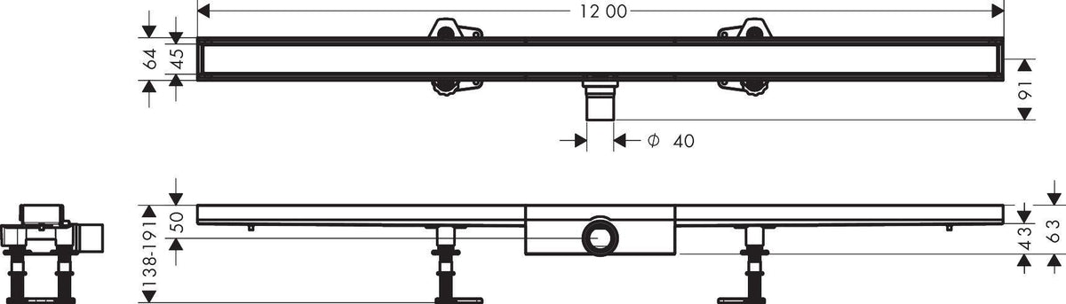 HANSGROHE RainDrain Compact Duschrinne 1200 mm Komplettset – befliesbar, flache Installation