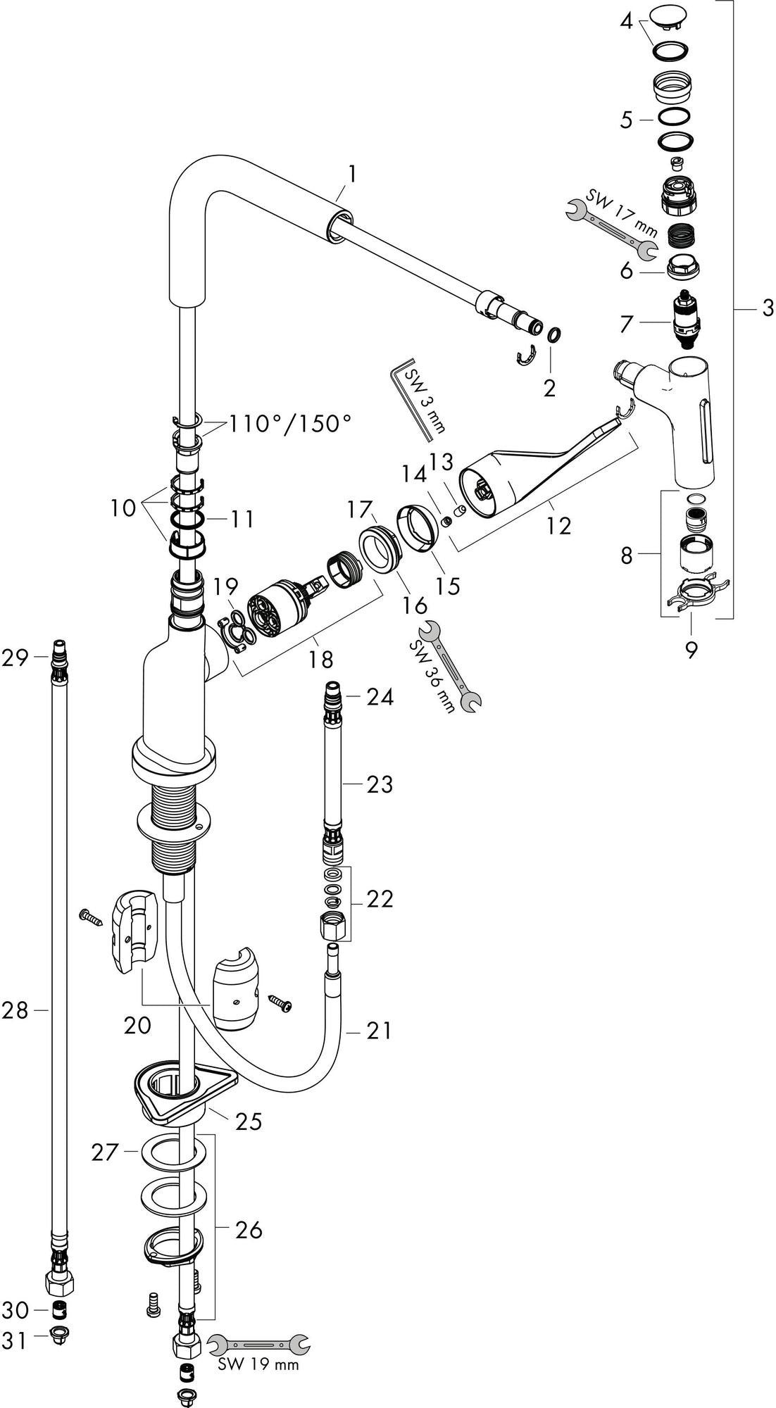 AXOR Citterio Spültischmischer 230 Select 2jet mit Ausziehbrause Chrom – ComfortZone und Select-Technologie