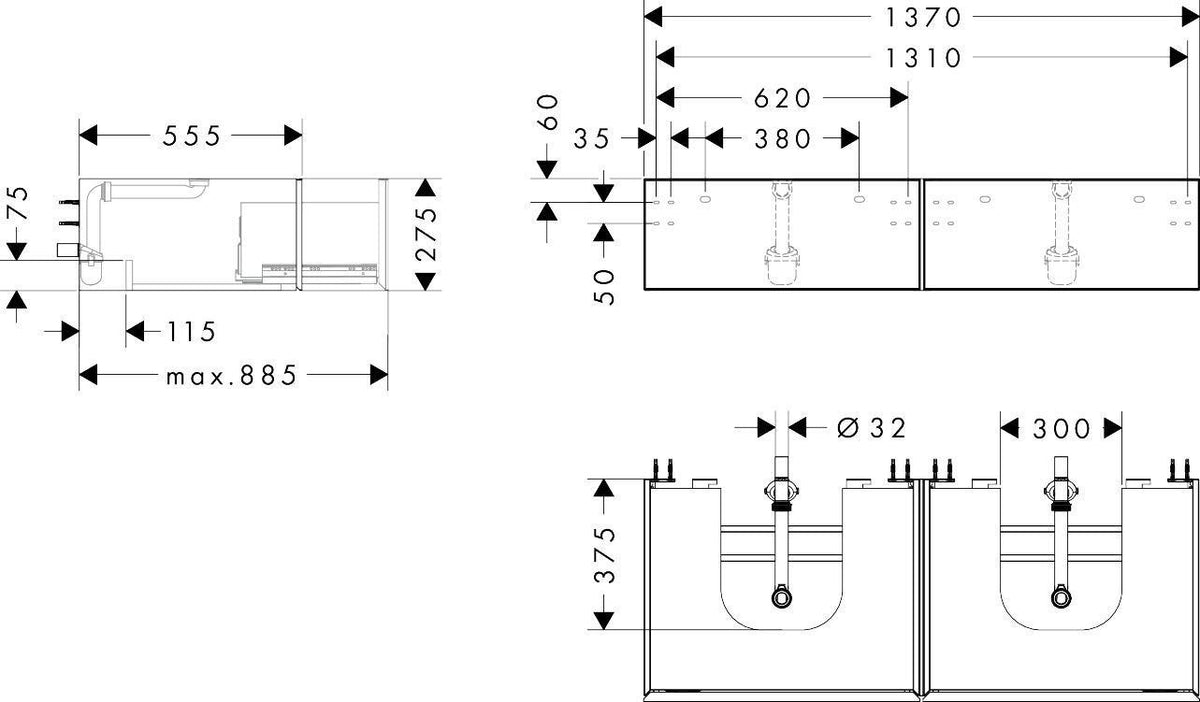 HANSGROHE Xevolos E Waschtischunterschrank 1370 mm mit 2 Schubkästen, PushOpen und SoftClose