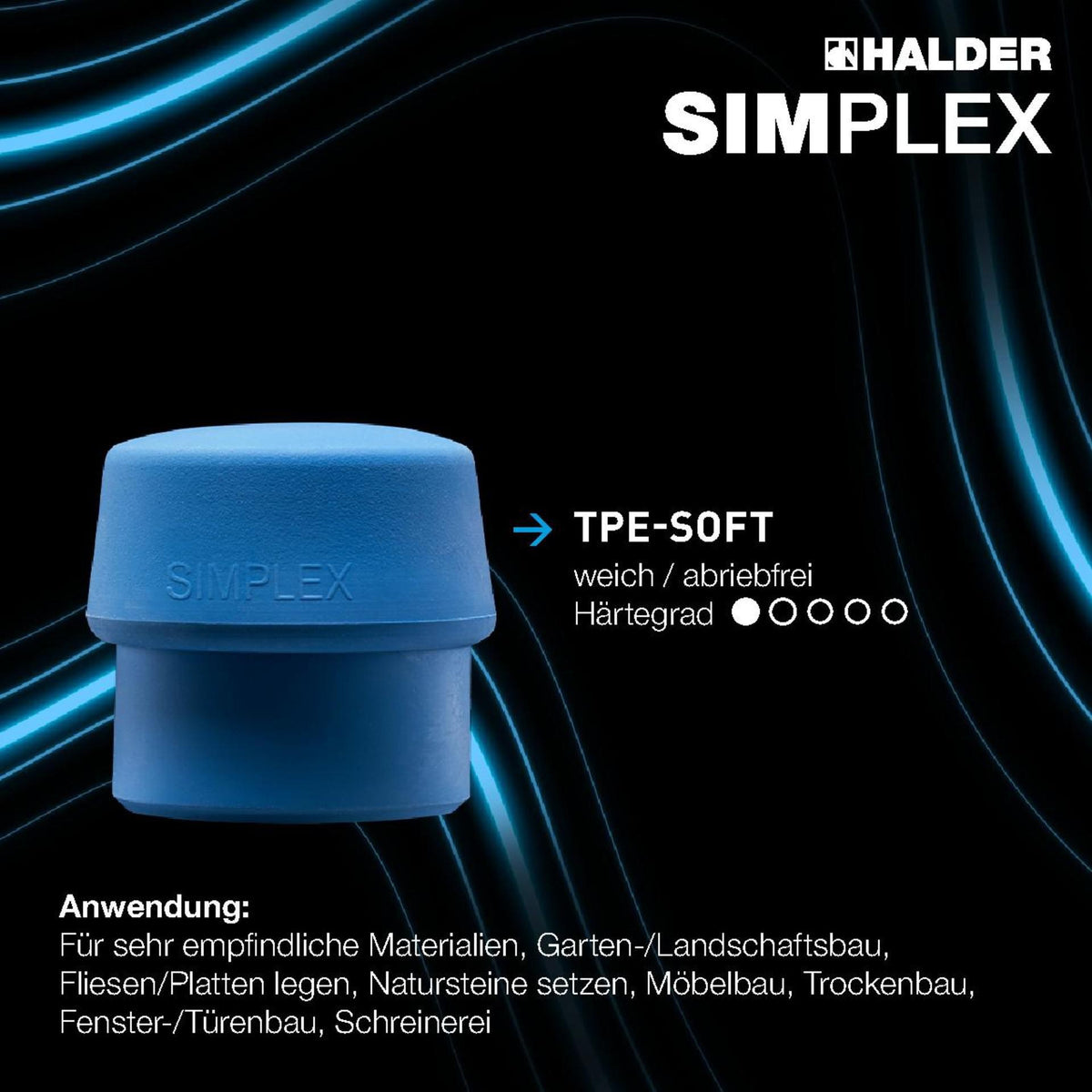 SIMPLEX Schonhammer 295 mm von HALDER – Weich/Mittelhart mit Holzstiel und TPE-Einsätzen