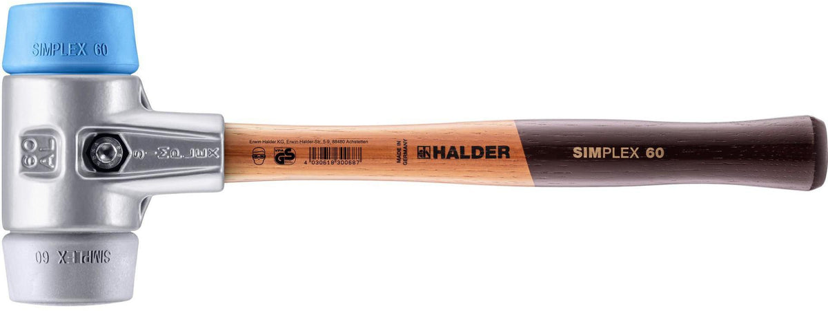 SIMPLEX Schonhammer 295 mm von HALDER – Weich/Mittelhart mit Holzstiel und TPE-Einsätzen