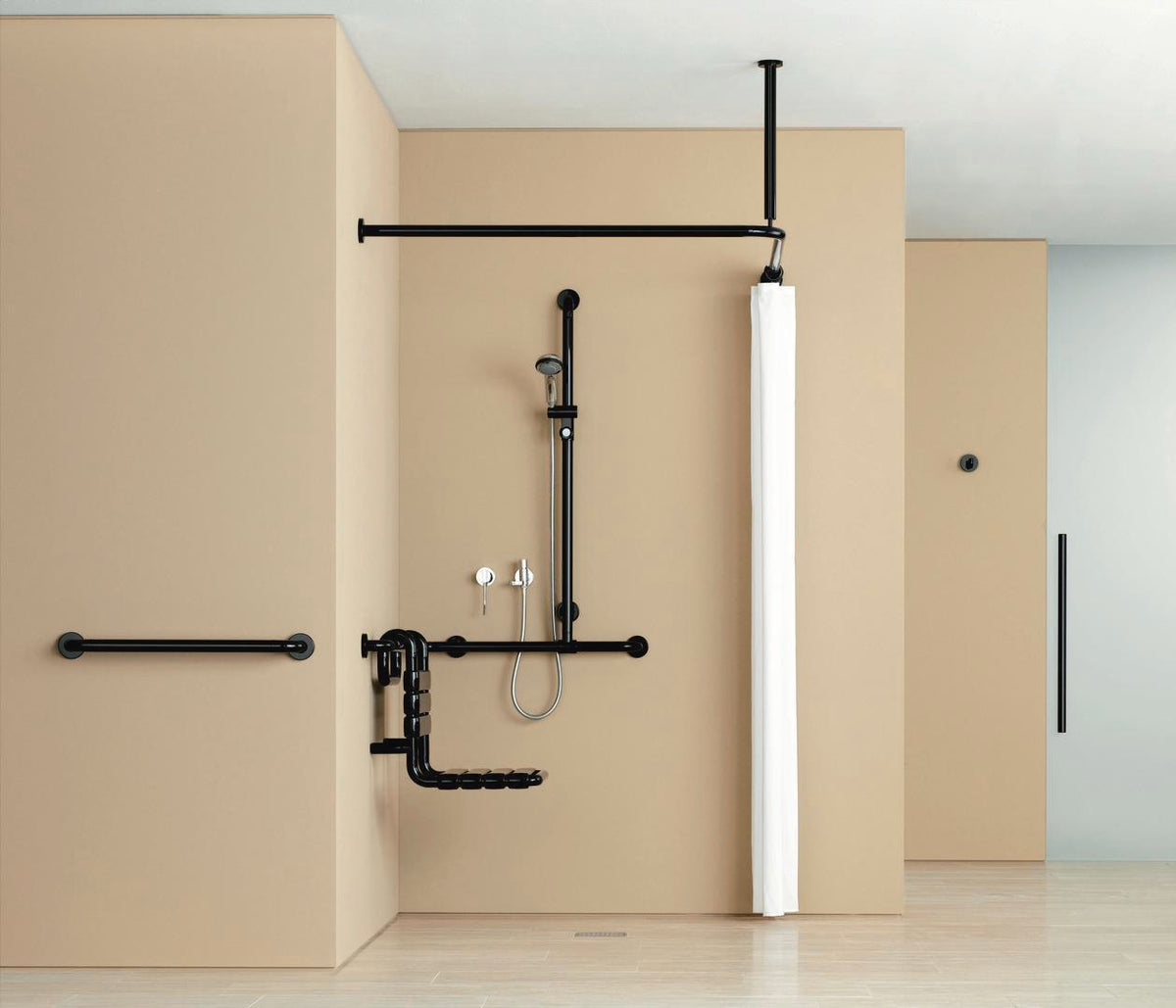 HEWI Einhängesitz Serie 801 senfgelb – 450 mm breit, mit Rückenlehne, bis 150 kg, für Duschhandläufe