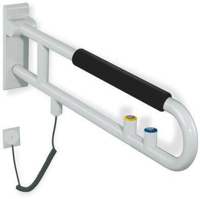 HEWI Stützklappgriff Serie 801 mit E-Spülauslösung und Armpolster, 850 mm, Senfgelb