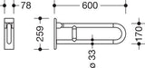 HEWI Stützklappgriff Serie 801, 600 mm, Stahlkern, senfgelb – Wandmontage, klappbar