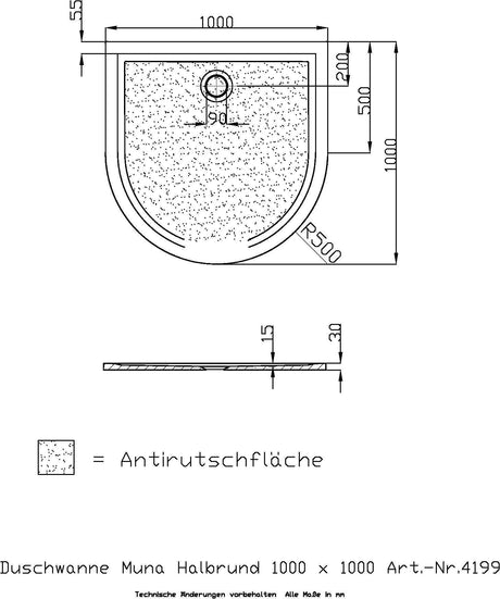 HOESCH Muna Halbrund Duschwanne 1000x1000x30 mit Antirutsch, SoliquePRO, Weiß