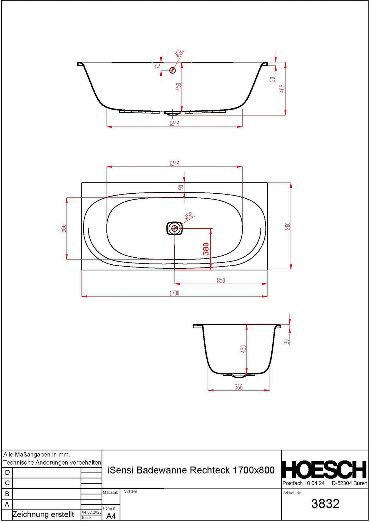 HOESCH iSensi Rechteck-Badewanne 1700x800 mm Weiß – Sanitäracryl, 2 Rückenschrägen, Einbau