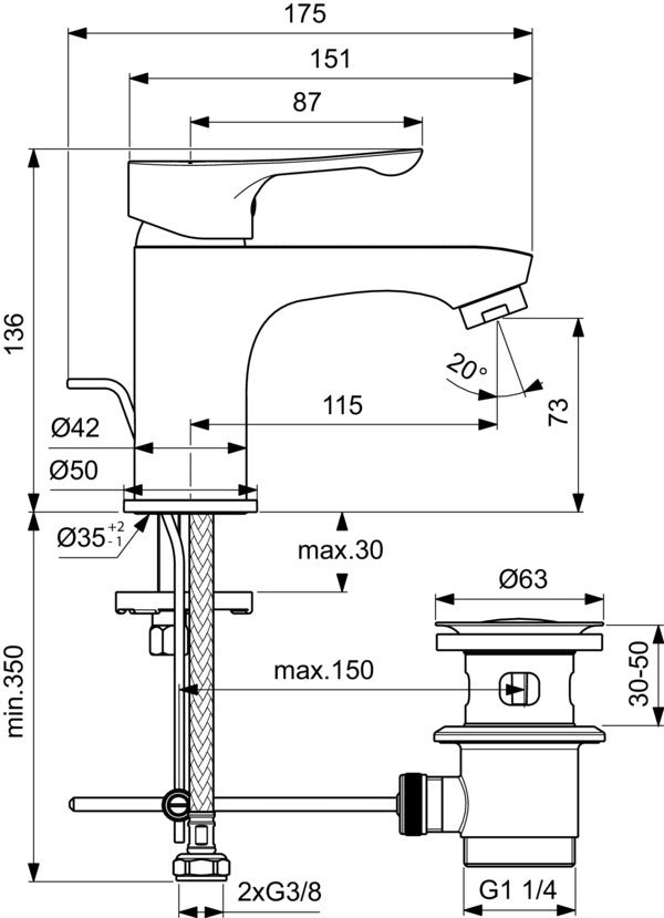 Ideal Standard Alpha Waschtischarmatur mit Ablaufgarnitur, 115 mm Ausladung, Chrom
