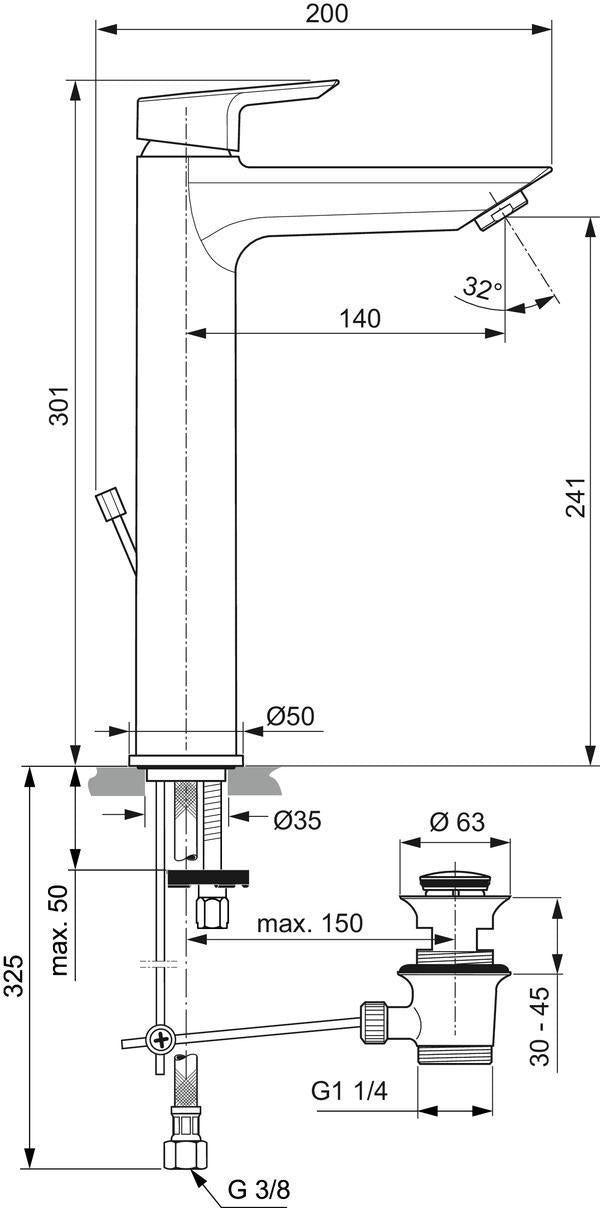 Ideal Standard Tesi Waschtischarmatur mit verlängertem Sockel, 5 l/min, Ablaufgarnitur, Ausladung 140 mm, Chrom