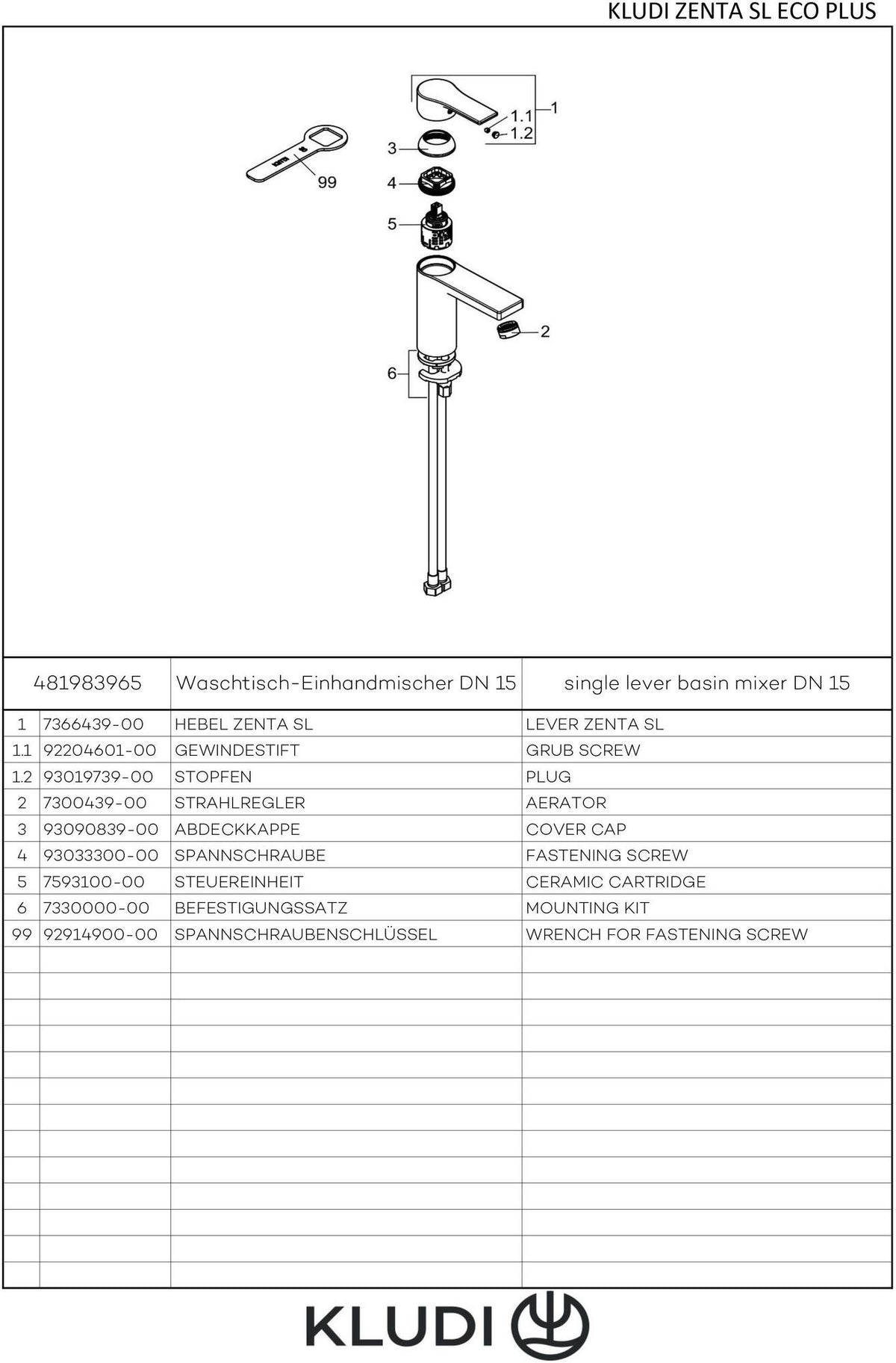 KLUDI ZENTA SL Waschtisch-Einhandhebelmischer 100 mm SmartStart ohne Ablaufgarnitur Chrom