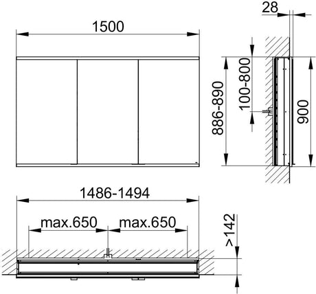 KEUCO Royal Modular 2.0 Spiegelschrank beleuchtet 900 mm, Wandeinbau, 2 Steckdosen, silber-eloxiert
