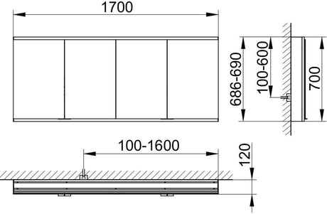 KEUCO Royal Modular 2.0 Spiegelschrank 1700 mm beleuchtet, silber-eloxiert, 4 Türen, Wandvorbau