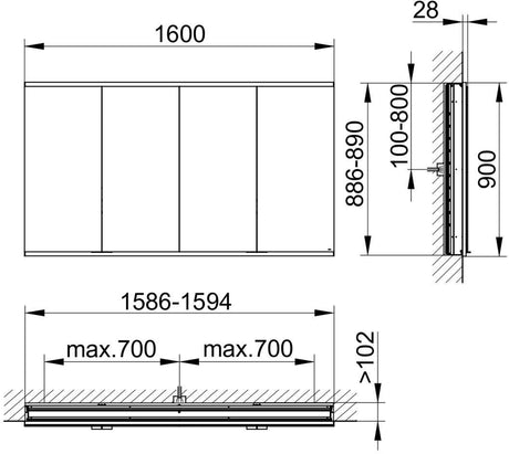 KEUCO Royal Modular 2.0 Spiegelschrank, beleuchtet, Wandeinbau, 1600 mm, silber-eloxiert
