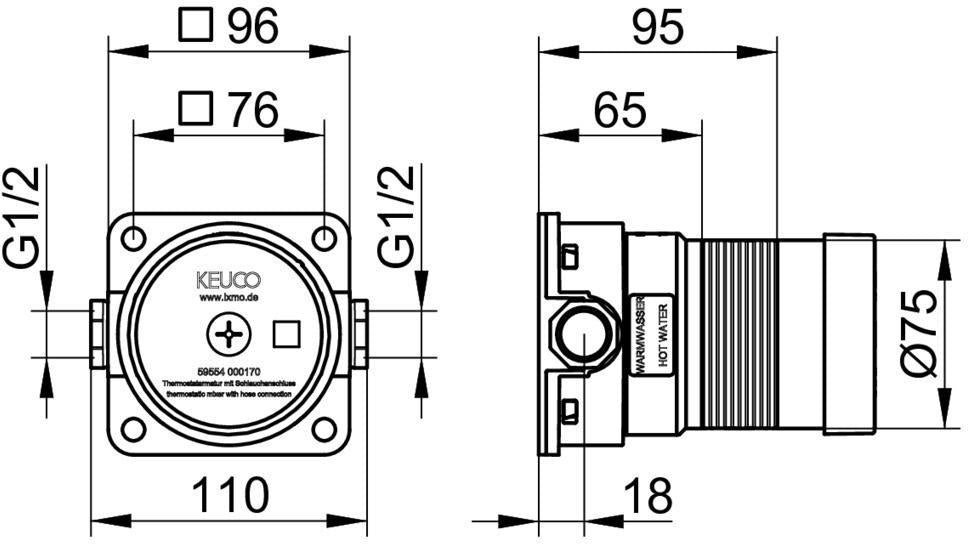 KEUCO IXMO_solo Unterputz-Funktionseinheit für Thermostat mit Schlauchanschluss – Einbautiefe 65–95 mm