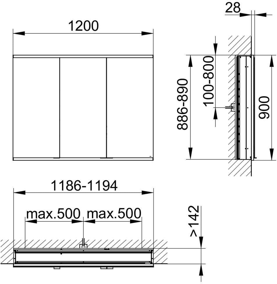 KEUCO Royal Modular 2.0 Spiegelschrank beleuchtet 900 mm, Wandeinbau, 2 Steckdosen, silber-eloxiert