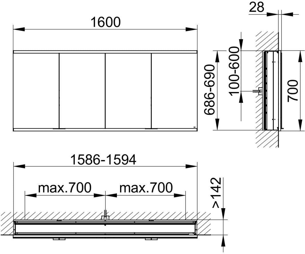 KEUCO Royal Modular 2.0 Spiegelschrank, beleuchtet, Wandeinbau, 1600 mm, silber-eloxiert