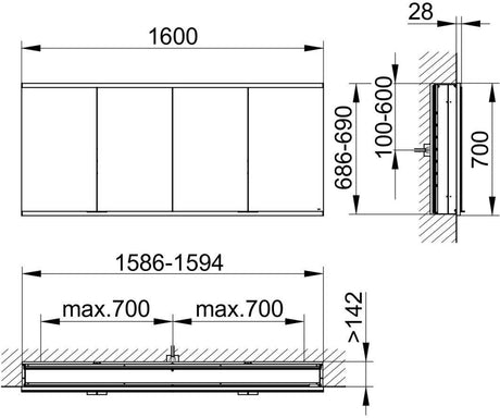 KEUCO Royal Modular 2.0 Spiegelschrank, beleuchtet, Wandeinbau, 1600 mm, silber-eloxiert
