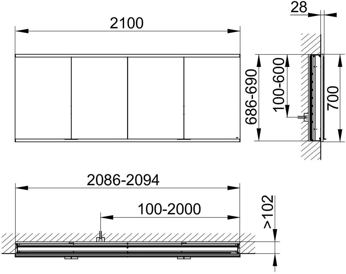 KEUCO Royal Modular 2.0 Spiegelschrank, beleuchtet, Wandeinbau, 2100 mm, silber-eloxiert