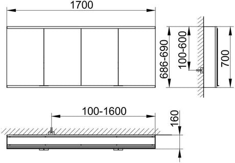 KEUCO Royal Modular 2.0 Spiegelschrank 1700 mm beleuchtet, silber-eloxiert, 4 Türen, Wandvorbau