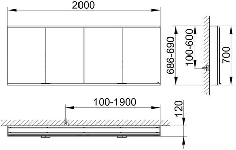 KEUCO Royal Modular 2.0 Spiegelschrank 2000 mm, 4 Türen, unbeleuchtet, silber-eloxiert
